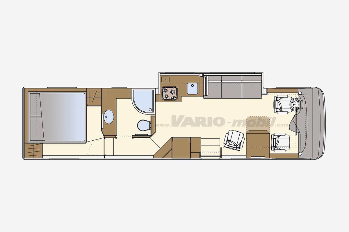 Motorhome floor plan VARIO Perfect 1050 A1 | with XL car garage, Slide Out and queen bed