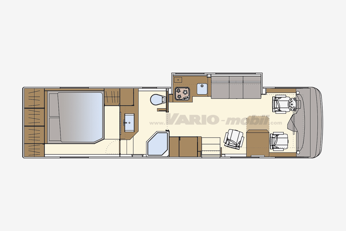 Motorhome floor plan VARIO Perfect 1050 A2 | Slide Out | with XL car garage, queen bed