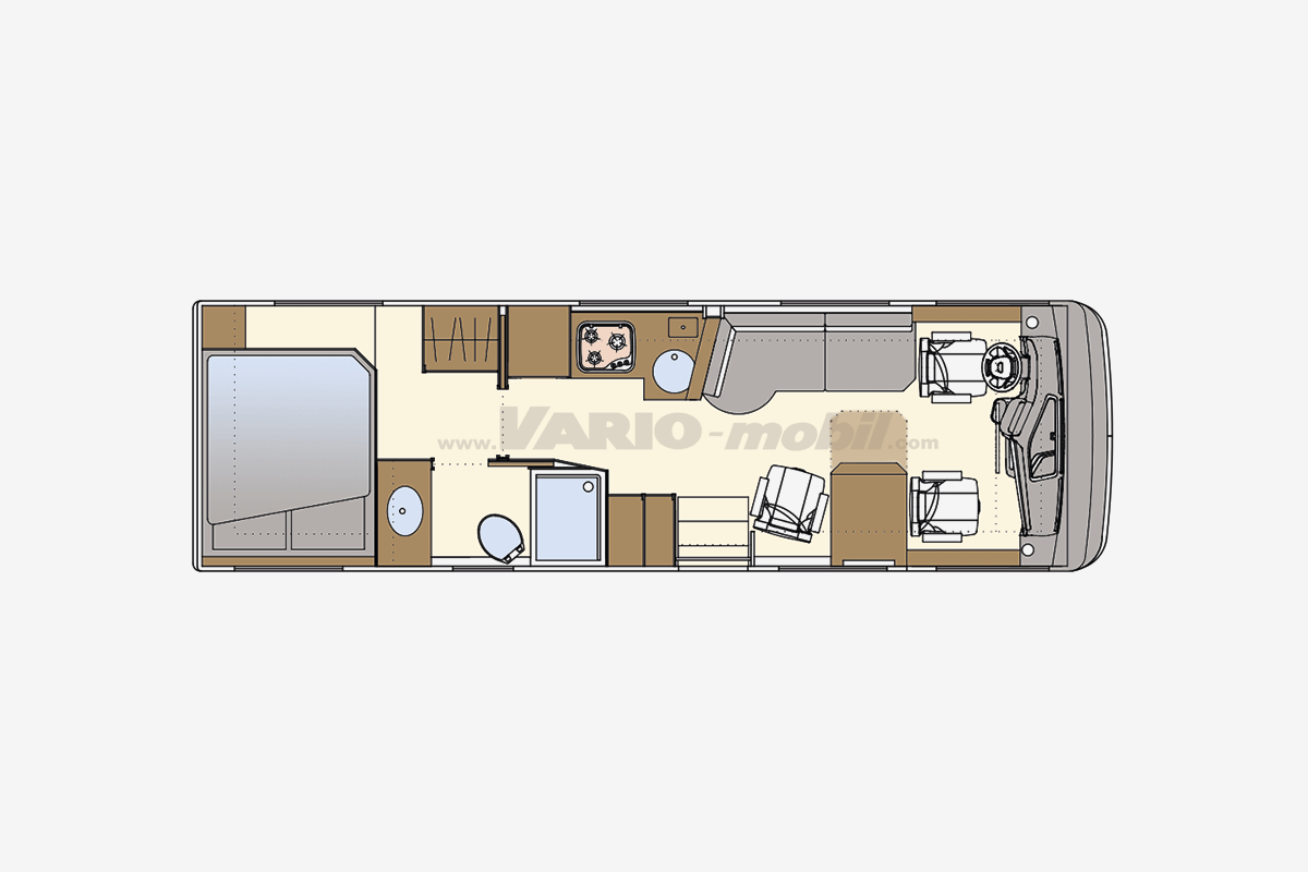 Motorhome floor plan VARIO Perfect 850 A1 | with space-saving bathroom, large closet and queen bed