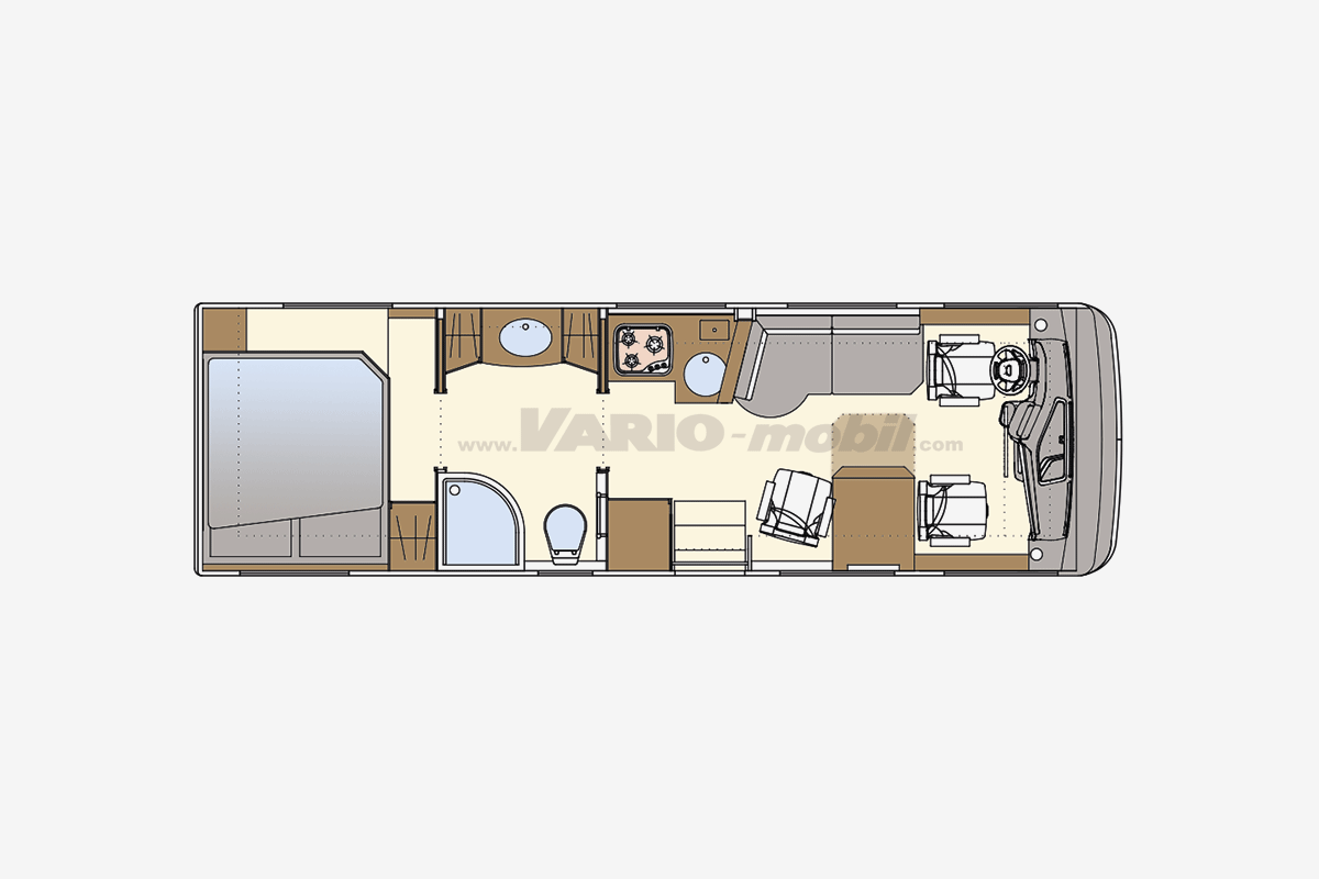 Motorhome floor plan VARIO Perfect 850 A2 | with room bathroom and queen bed