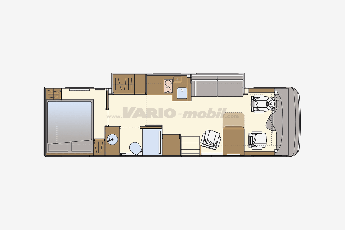 Motorhome floor plan VARIO Perfect 900 A |-Slide Out | with queen bed and space-saving bathroom