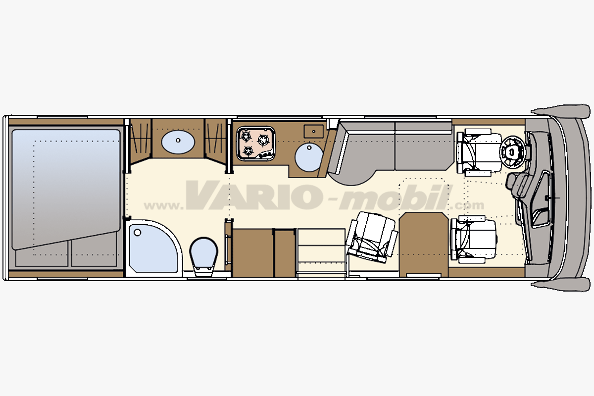 Motorhome floor plan VARIO Star 800 A | Comfortable room bathroom, lounge and bunk bed on board
