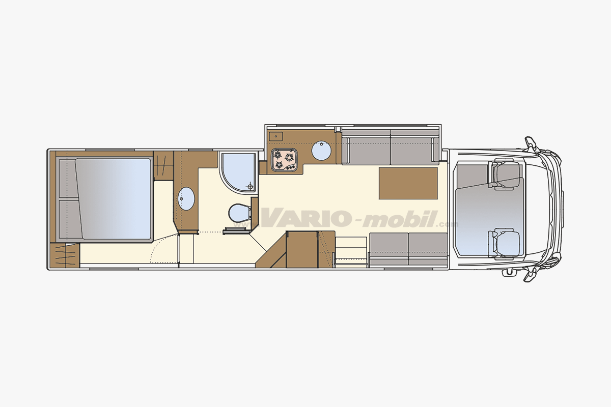 Motorhome floor plan VARIO-Signature 1050 | Slide Out | with XL car garage, king-size bed and pull-down bed | 2 pilot seats in font
