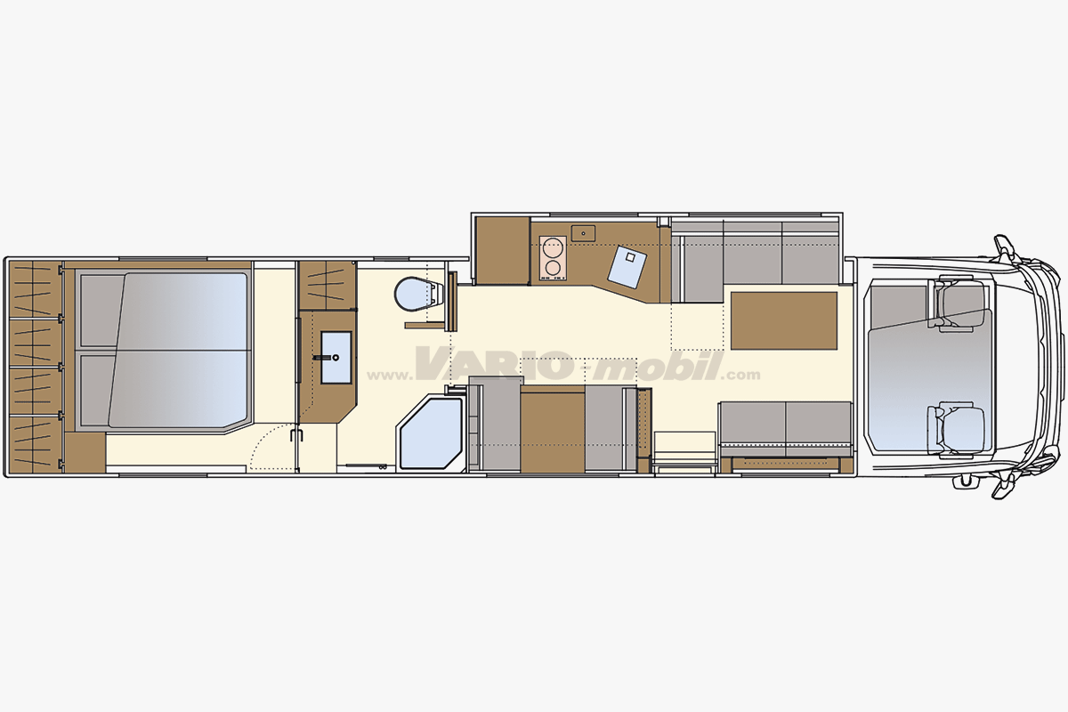 Motorhome floor plan VARIO-Signature 1200 | Slide Out | with XXL car garage, king-size bed and pull-down bed | dinette | room bath | 2 pilot seats in font