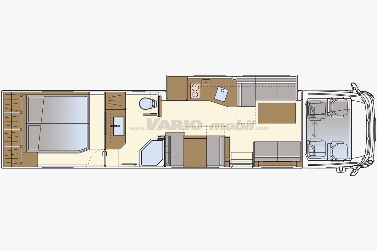 Motorhome floor plan VARIO-Signature 1200 | Slide Out | with XXL car garage, king-size bed and pull-down bed | dinette | room bath | 4 pilot seats in font
